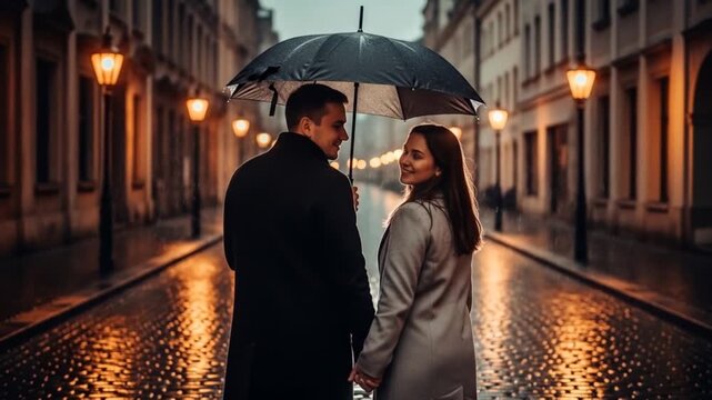 Romantic Rainy Stroll: Couple Under Umbrella on Cobblestone Street with Glowing Streetlights