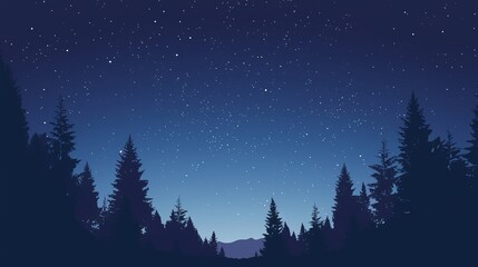The silhouette of a pine tree under the starry sky is presented as a flat design vector illustration, featuring a blue tone and a starry background, evoking a sense of calm and tranquility.