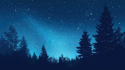 Naklejka premium The silhouette of a pine tree under the starry sky is presented as a flat design vector illustration, featuring a blue tone and a starry background, evoking a sense of calm and tranquility.