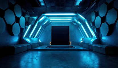 Neon-lit, futuristic tunnel with hexagonal walls