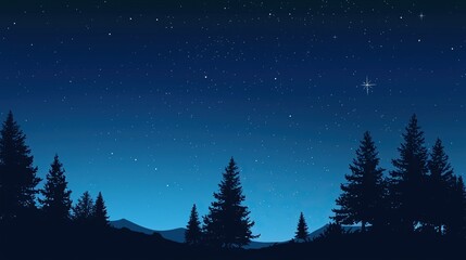 The silhouette of a pine tree under the starry sky is presented as a flat design vector illustration, featuring a blue tone and a starry background, evoking a sense of calm and tranquility.