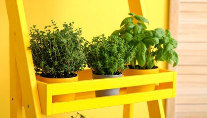 Colorful herb garden on a yellow wooden shelf