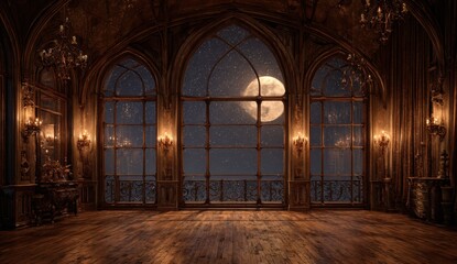 Grand gothic room at night.  Large windows,  ornate details,  full moon and stars visible outside.  Rich dark wood floors.  Elaborate chandeliers and wall sconces