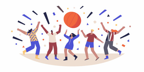 Diverse group of people celebrating with a basketball and confetti in a flat design style