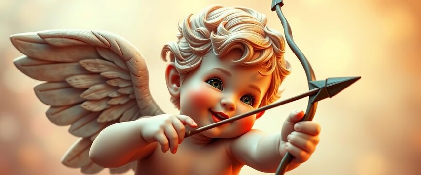 Adorable cherubic cupid aiming bow and arrow, rosy cheeks,  sweet,  vector
