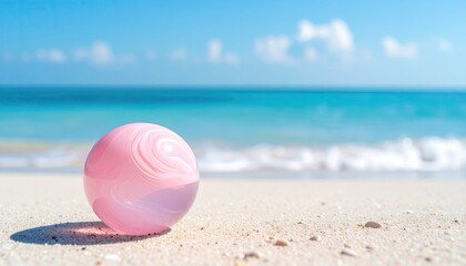 Pink sphere on sandy beach, ocean backdrop (1)