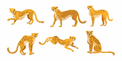 Set of six cartoon cheetahs in various poses on a white background