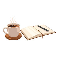 Pixel Art Illustration of Steaming Coffee Cup and Open Notebook with Pen on White Background