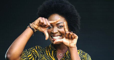 Portrait, black woman and finger frame in studio to review profile picture on grey background. Female person, African model and planning perspective for photography, creative inspiration or hand sign