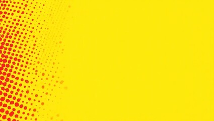 Abstract image featuring a gradient of red and orange dots curving from left to right against a bright yellow background.  