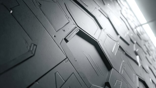 Close-up of a futuristic, metallic wall. Geometric hexagonal panels. Dark gray, high-tech design - Powered by Adobe