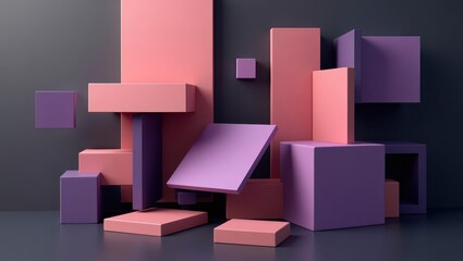 Abstract 3D composition of various sized pink and purple geometric shapes, cubes, and rectangular prisms, against a dark grey background.  The shapes appear to be floating or stacked precariously