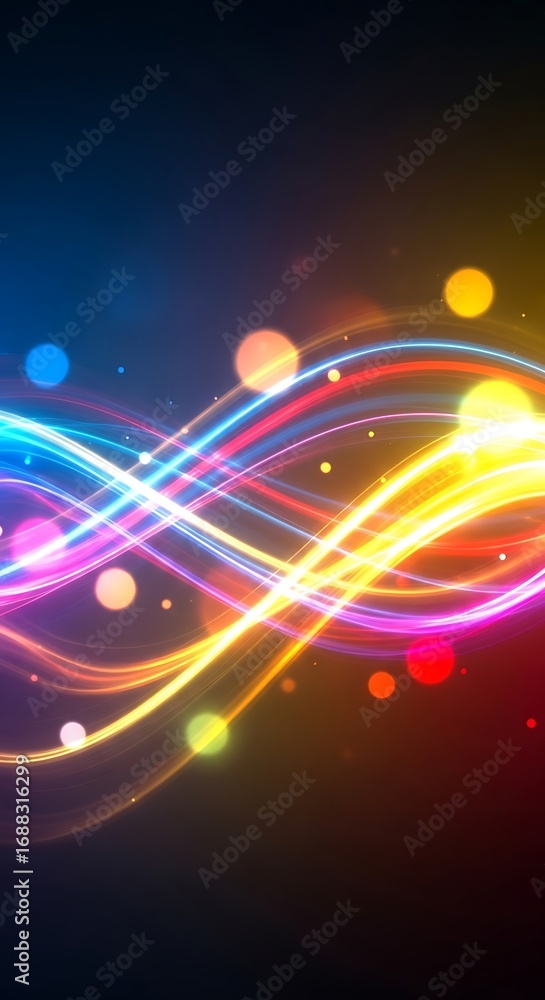 Poster a vibrant design featuring swirling, luminous lines in a spectrum of colors against a dark backgroun