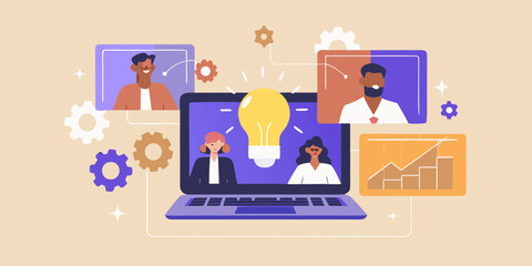 Diverse team collaborating remotely on a new business idea with a lightbulb and growth chart