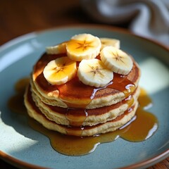 Stack of golden oat pancakes topped with fresh banana slices and sweet syrup on a plate. Enjoy this delicious, healthy, and tasty breakfast meal, a homemade comfort food.