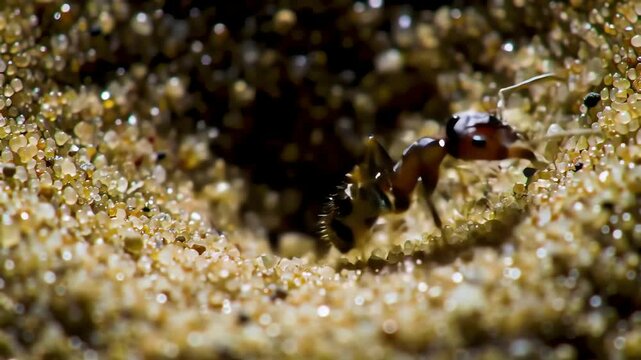 an antlion pit, grains of sand avalanching as an ant struggles, spiraling downward into the waiting jaws below