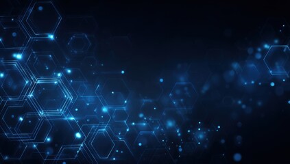 Obraz premium Abstract digital network. Hexagonal grid patterns, glowing blue lines and points, dark background