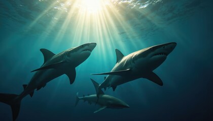 Obraz premium Powerful sharks swim together in deep ocean water, silhouetted against ambient light creating dramatic underwater scene. Majestic marine predators move in unison, nature wild beauty, vast ocean
