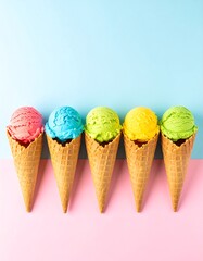 Colorful ice cream cones arranged on a pastel background