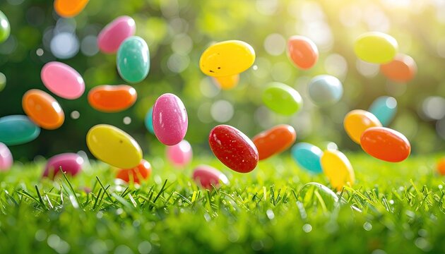 Colorful jelly beans, or similar candies, levitate over vibrant green grass
