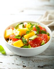 Colorful rice bowl with tropical fruits and avocado