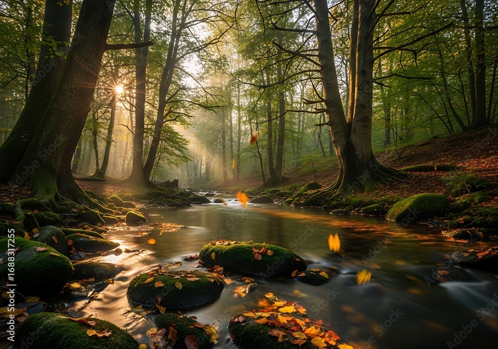 Poster sunlight streams through a misty autumn forest, illuminating a tranquil stream lined with mossy rock