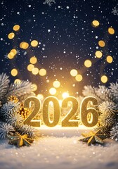 2026 New Year Celebration Snowy Scene Gold Numbers