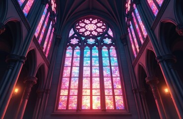 Fototapeta premium Gothic cathedral interior with stunning stained glass windows casting vibrant pink, blue light. Ornate arches, high vaulted ceilings create majestic atmosphere, ideal for religious architectural