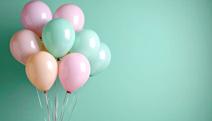 Pastel-colored balloons clustered together against a mint-green backdrop