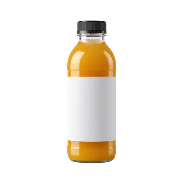 Realistic orange juice bottle mockup with blank label against dark background