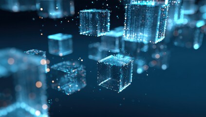 Abstract digital cubes, glowing and translucent, float in a dark blue space, dotted with light particles