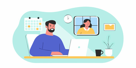 Man working on laptop in home office with video call and calendar