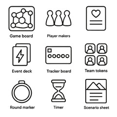 Vector scenario board objective round icon game card markers cooperative marker team