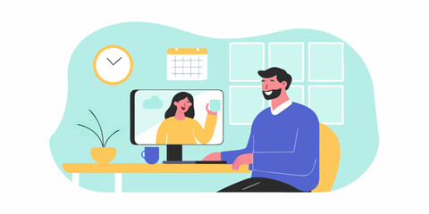 Man and woman having a video call conversation on a computer screen in a modern office setting