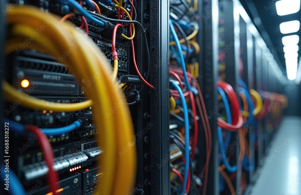 Poster server rack with untidy cables, wires in data center. technology hardware infrastructure shows compl
