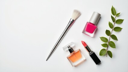 Flatlay of makeup and beauty products on white background, including nail polish, lipstick, perfume, makeup brush, and a sprig of greenery