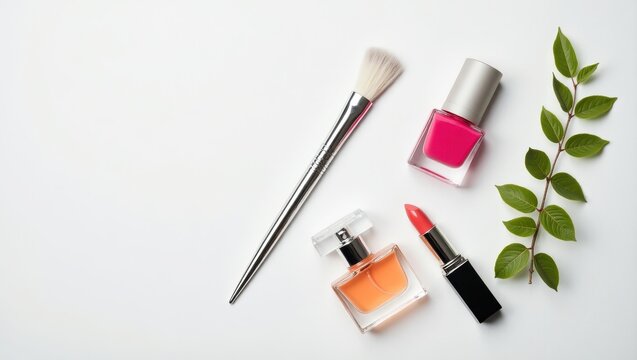 Flatlay of makeup and beauty products on white background, including nail polish, lipstick, perfume, makeup brush, and a sprig of greenery