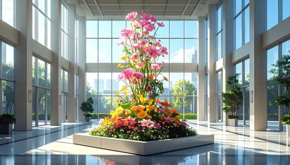 Grand floral display in modern office atrium