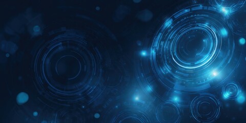 Abstract digital graphic with concentric circles and glowing light effects. Deep blue tones dominate the background