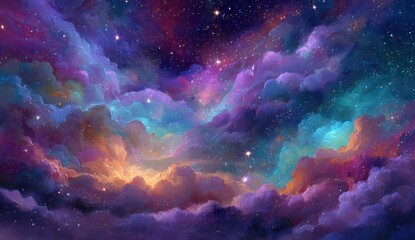 Cosmic cloudscape with vibrant hues and scattered stars.  A swirling tapestry of nebulae,  with swirling colours and twinkling stars