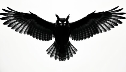 Obraz premium Majestic black owl silhouette in flight, wings spread wide. Powerful nocturnal predator soars through air. Graphic illustration for logo or emblem design. Symbol of mystery, wisdom, elegance, freedom.