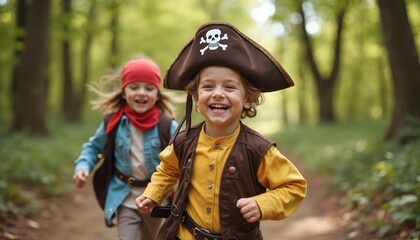 Children in pirate costumes run through forest path, embodying adventure, imagination. Boy, dressed as captain with skull, crossbones hat, smiles joyfully. Girl in pirate attire with red bandana