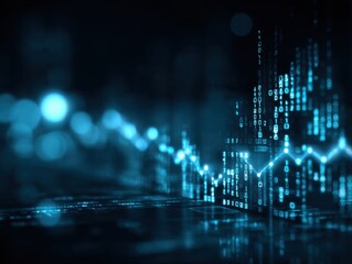Abstract digital graph against a dark background.  Fluctuations in data visualized as a line graph.  Binary code and blurred lights suggest technological processes
