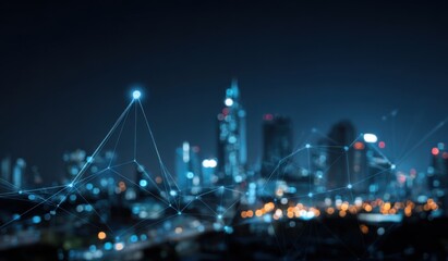 Night cityscape blurred with digital network