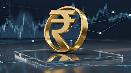 Golden Rupee Symbol on Digital Background with Financial Charts. - Powered by Adobe