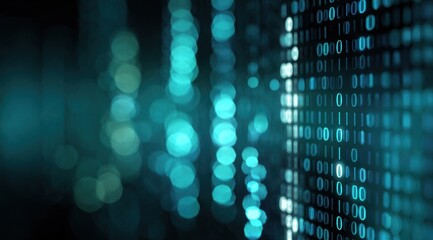 Abstract digital binary code background with teal-toned bokeh