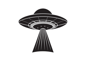 UFO flying saucer illustration, classic sci-fi vector spaceship icon with spotlight beam effect.