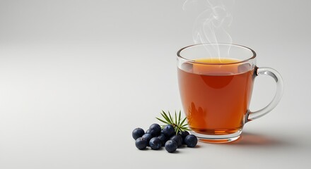 Cup of hot tea with juniper berries and steam on white background