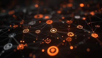 Abstract network of interconnected data points, glowing orange and white symbols.  Network connections and digital information