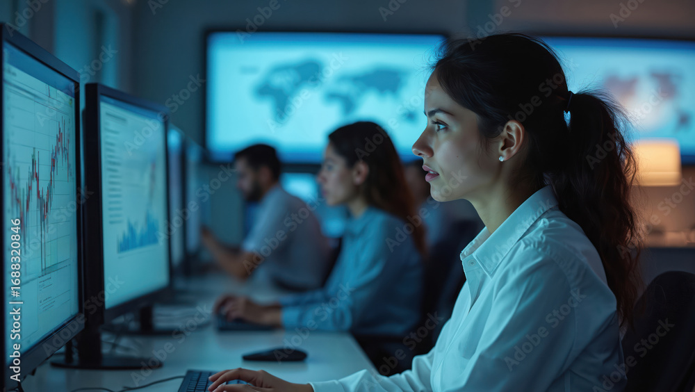 Poster senior hispanic woman data scientist works in risk management analyzing financial reports on compute
